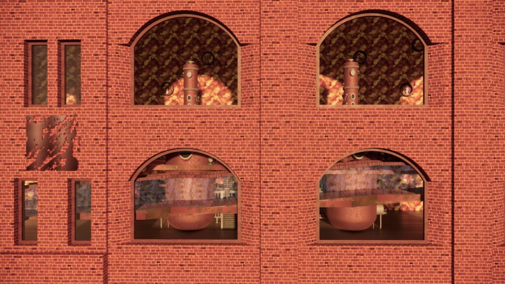 3D visualisation of a red brick building façade featuring large arched windows that reveal whisky pot stills in a warm toned interior space.