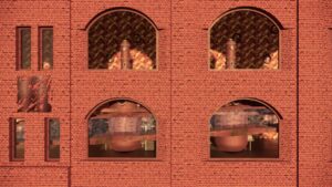 3D visualisation of a red brick building façade featuring large arched windows that reveal whisky pot stills in a warm toned interior space.
