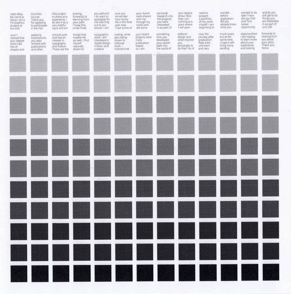 A page from a class publication, showing columns of text at the top and a large grid of small square image outcomes arranged from light to dark tones.