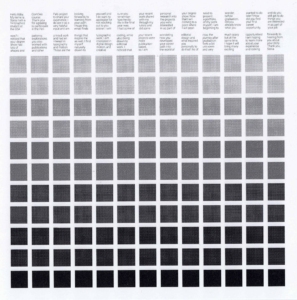 A page from a class publication, showing columns of text at the top and a large grid of small square image outcomes arranged from light to dark tones.
