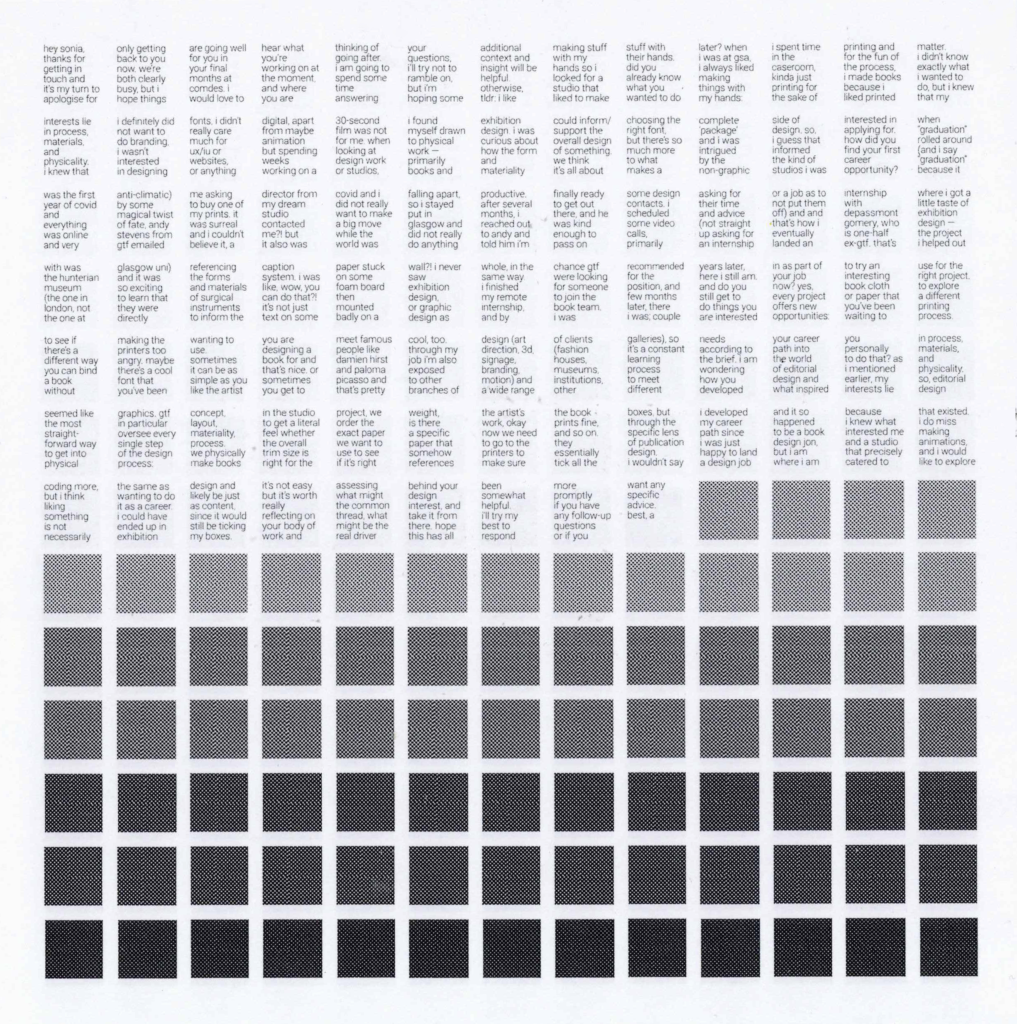 A class publication page showing columns of text at the top and a large grid of small square image outcomes arranged from light to dark tones.
