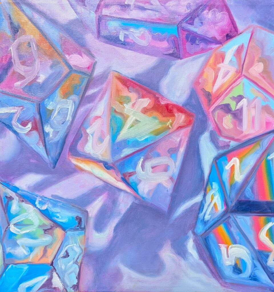 a bright painting of a set of sharp edged polyhedral dice