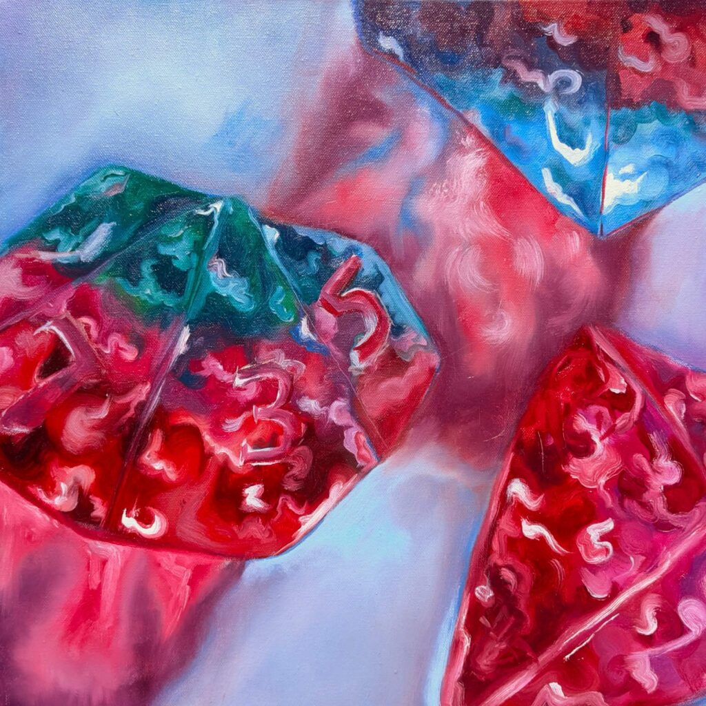 a bright painting of a set of sharp edged polyhedral dice