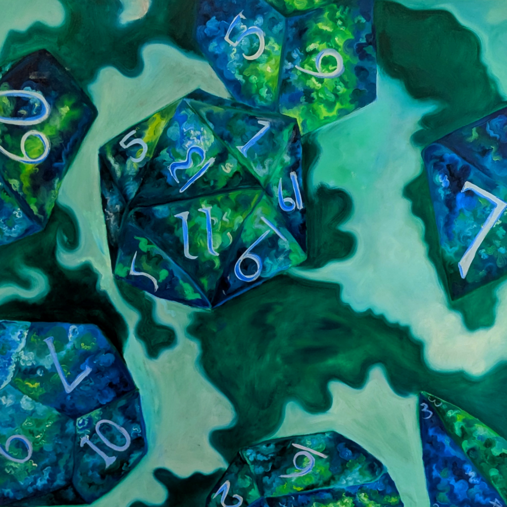 a bright painting of a set of sharp edged polyhedral dice