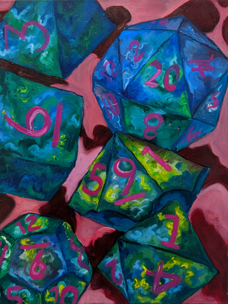 a bright painting of a set of sharp edged polyhedral dice