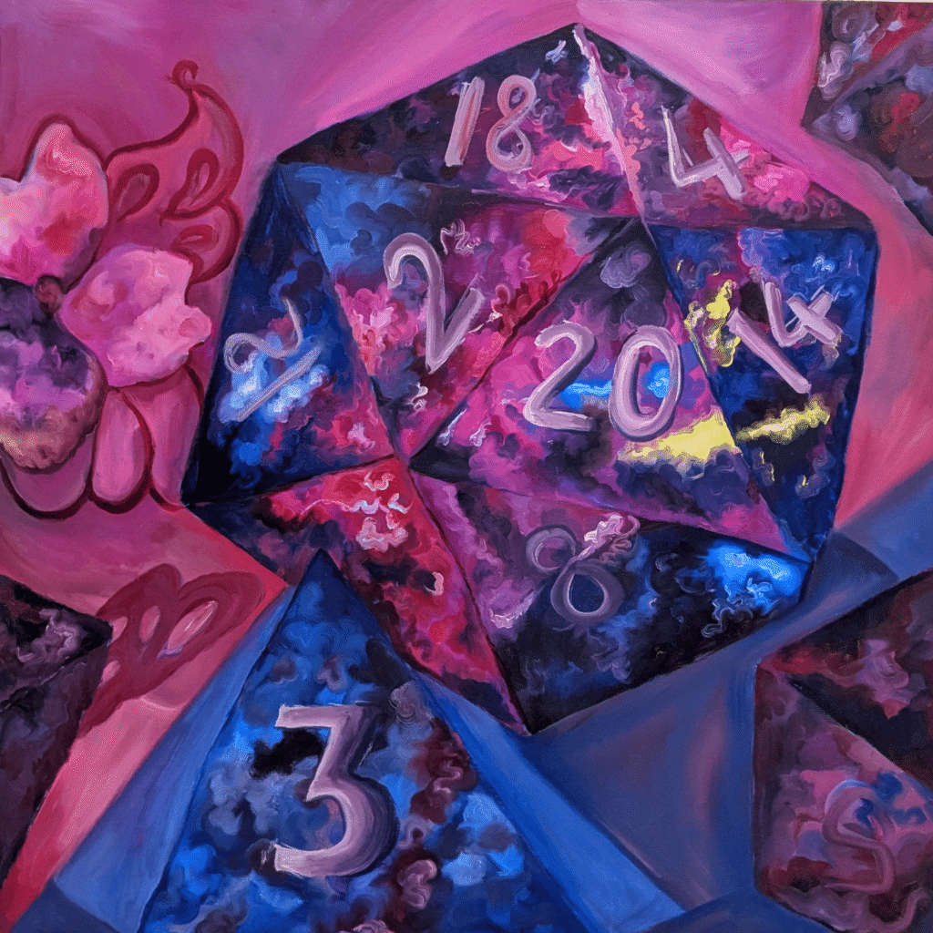 a bright painting of a set of sharp edged polyhedral dice