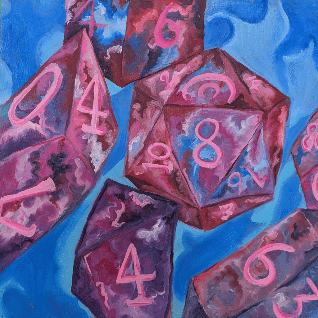 a bright painting of a set of sharp edged polyhedral dice