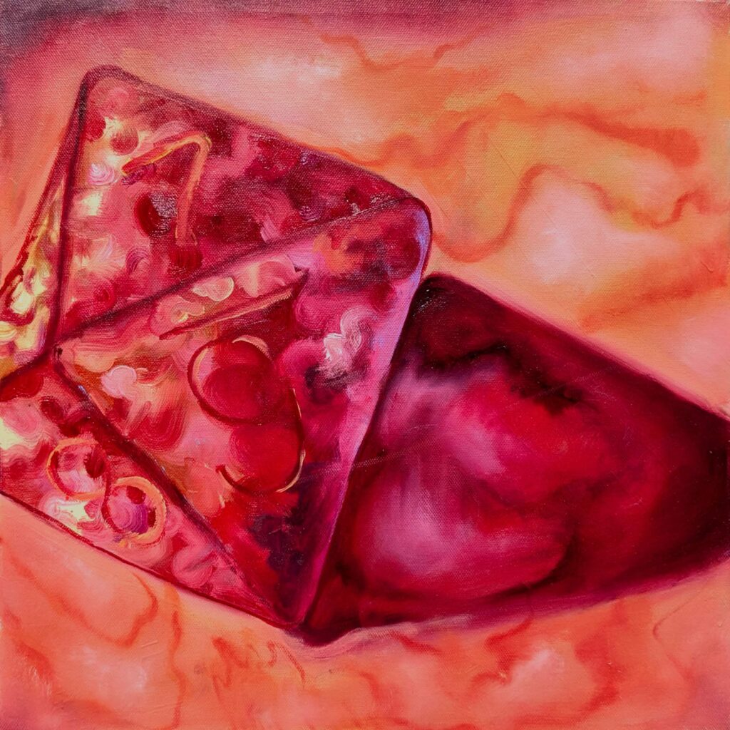 a bright painting of the 8 sided die from a set of sharp edged polyhedral dice