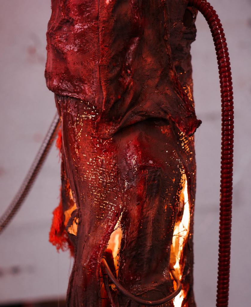 Close-up detail of a red illuminated pillar-like sculpture with layered silicone textures, exposed wire, and glowing internal light.