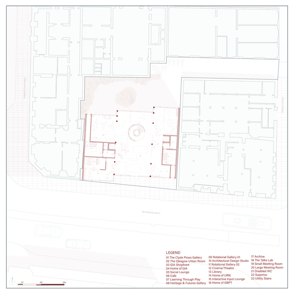 The ground floor plan uses embedded wayfinding devices to reinforce a key strategy of permeability, prioritising intuitive legibility over signage. Floor-integrated cabinets act as subtle indicators of user movement across the plan, marking transitions between programme zones. The central spiral staircase operates as a primary spatial and visual anchor, signalling vertical movement through the building. Together, these elements create an inherently navigable environment where circulation is understood through spatial cues, material signals, and continuous visual connectivity.
