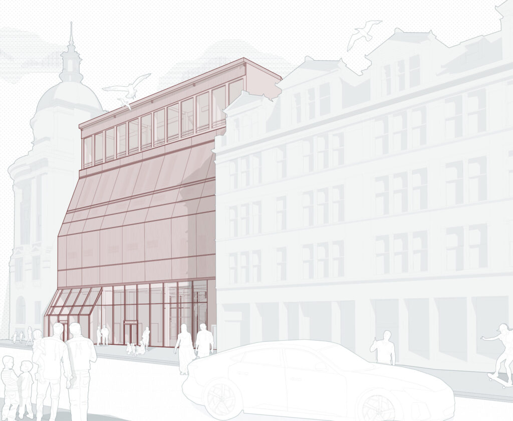 The approach to the building balances civic prominence with contextual sensitivity, ensuring it is clearly identifiable within the cityscape while remaining empathetic to the existing fabric of Broomielaw. This relationship is articulated through a visually permeable threshold formed by a double-skin polycarbonate façade, which allows glimpses of internal activity before physical entry and establishes a gradual transition between city and institution. Acting as a luminous veil, the polycarbonate mediates transparency and light, producing a softened civic presence that glows from within while maintaining visual permeability to the public realm. In doing so, the building achieves civic stature without the heaviness of traditional stone, instead fostering a lighter material expression that engages in a respectful dialogue with neighbouring structures, including the Clydeport Building. This layered threshold extends into the interior, dissolving the boundary between inside and outside and encouraging curiosity, openness, and accessibility within the civic space.