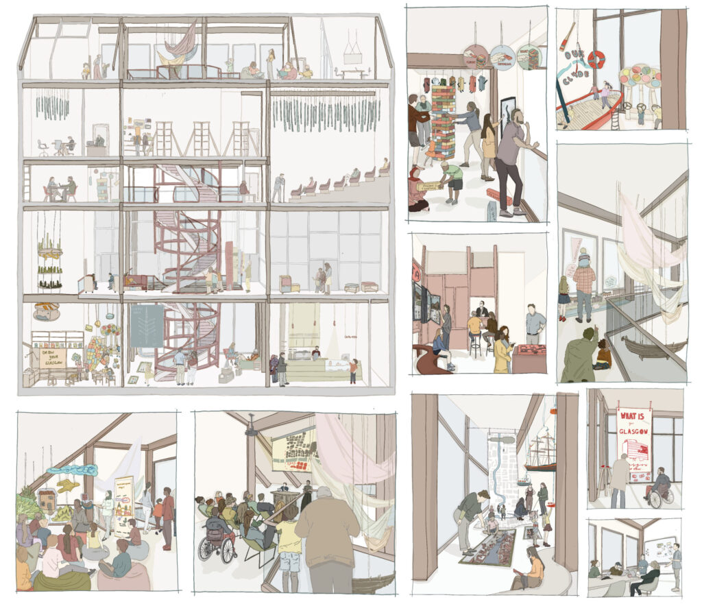 Three key user groups explored (the young family, architect, and GiA staff) engage with the building through distinct yet interconnected spatial flows of observation to opinion and dialogue to action. The young family primarily occupies the learn, converse, and present spaces, moving through a clear and legible sequence that supports curiosity, education, and shared civic understanding. The architect navigates learn and present facilities, using layered and permeable spatial strata to transition between research, discussion, and exhibition, enabling continual knowledge exchange and professional dialogue. GiA staff operate across work, present, and converse zones, activating the building as a live interface between public engagement and institutional response. Across all users, interlinked spaces and visual permeability maintain constant awareness of activity, while the circulation spine, 'The Clyde Flows' anchors movement and orientation. Together, these conditions ensure that each user contributes to a continuous feedback loop of "Observation to Opinion" and "Dialogue to Action".