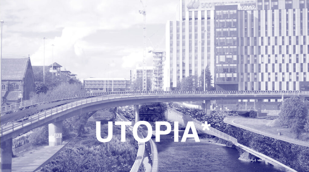 Collage visualisation of Glasgow, 2035, with the project title overlayed.